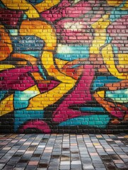 Canvas Print - A colorful and abstract graffiti art mural painted on an urban brick wall. The vibrant colors, dynamic shapes, and rough texture of the brick create a visually engaging and urban aesthetic.