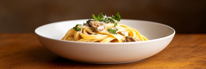 Poster - A decadent pasta dish with truffle mushrooms and a creamy sauce, topped with Parmesan cheese and fresh herbs. This dish is perfect for a special occasion or a cozy night in.