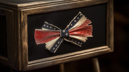 Rustic wooden drawer with a red, white, and blue bow tie, symbolizing American patriotism and celebration. Concept of national holidays like Independence Day, Veterans or Memorial Day