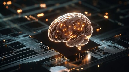 Poster - A digital brain, symbolizing artificial intelligence, rests on a circuit board, representing the complex network of data and information that powers it. This image embodies the concept of AI's interco