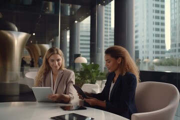 Wall Mural - Two women sit at a sleek table in a contemporary office, reviewing digital documents and discussing their project amidst large windows and urban views