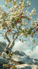 Wall Mural - Blooming Tree on a Rocky Mountainside