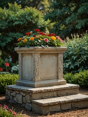 Wall Mural - Stone podium in a garden with plants and flowers.