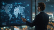 © forenna - tech company’s CEO or team leader presenting a global market expansion strategy on a large screen in front of a detailed city map of a megapolis. The background of the megapolis, v