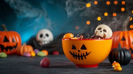 Canvas Print - A jack-o'-lantern bowl overflowing with Halloween treats, including candy corn, chocolate, and a spooky skull, sits on a dark background with a festive, hazy backdrop. This image evokes the fun and ex