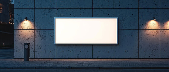 A blank advertising sign is displayed on concrete wall, illuminated by two wall mounted lights, creating modern urban atmosphere. scene evokes sense of potential and creativity