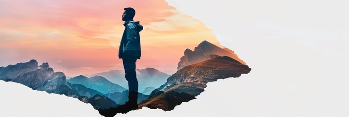 Sticker - A man stands on a mountain peak, his silhouette outlined against a vibrant sunset sky. The scene conveys a sense of achievement, exploration, and the beauty of nature.