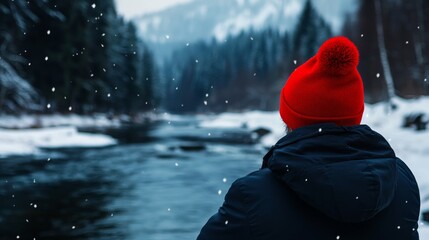 Poster - A man wearing a red hat with a pompom stands in the winter wilderness. He looks out over a frozen river, surrounded by snowy trees. The scene evokes feelings of tranquility, solitude, and the beauty o