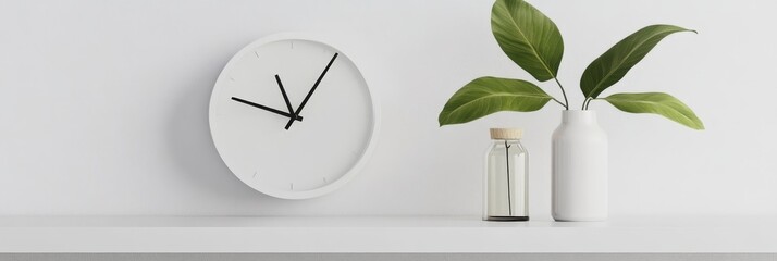 Wall Mural - A minimalist white interior with a simple clock, a plant in a white vase, and a glass bottle on a white shelf. The image evokes a sense of calm, order, and simplicity.