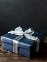 Sticker - A navy blue gift box with a silver ribbon and bow, placed on a rustic wooden surface against a dark background. It symbolizes celebration, gifting, surprise, joy, and elegance.