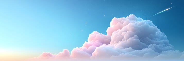 Sticker - A serene and ethereal cloudscape with soft pastel hues, fluffy white clouds, and a faint glow of twinkling stars. A shooting star streaks across the azure sky, symbolizing hope, dreams, and the beauty