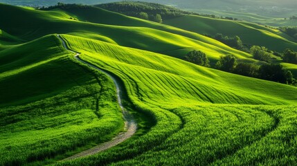 Poster - A scenic view of rolling green hills with a winding dirt path cutting through the landscape. The vibrant green of the hills symbolizes life, growth, and nature's beauty. The meandering path symbolizes