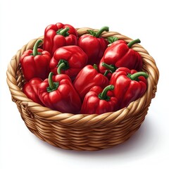 A vibrant basket filled with fresh red peppers, perfect for cooking or healthy snacking, white background