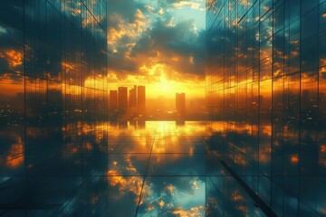 futuristic cityscape with gleaming glass skyscrapers reflecting sunlight and clouds empty street below emphasizes the towering architecture symbolizing progress and urban development