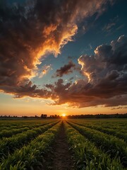 Wall Mural - Sunset over a field captured in a captivating time-lapse with colorful clouds.