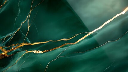 Poster - A stunning abstract background featuring a rich emerald green marble surface with intricate golden veins. The veins create a sense of movement and energy, while the deep green color evokes feelings of