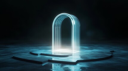 Canvas Print - A transparent glass archway with glowing edges creates a portal to another dimension. This futuristic scene evokes feelings of mystery, possibility, and the unknown. The archway is a symbol of opportu