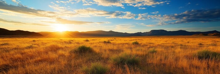 Sticker - A vast desert landscape bathed in the warm glow of the setting sun. The golden grasses stretch out before a backdrop of distant mountains, creating a sense of peace, tranquility, and endless possibili