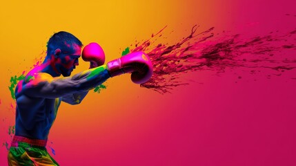 Sticker - A vibrant and dynamic image of a boxer throwing a punch,  a colorful splash of paint erupting from his fist, symbolizing power, energy, and breaking through boundaries.