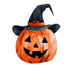 Poster - A watercolor illustration of a smiling pumpkin wearing a black witch hat. The pumpkin has a traditional jack-o'-lantern face with a wide grin and triangular eyes. The hat has a wide brim and a pointed