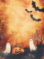 Wall Mural - A watercolor illustration depicting a spooky Halloween scene with two ghosts, a jack-o-lantern, and three bats flying against a vintage, textured background.  The image evokes a sense of whimsical fun