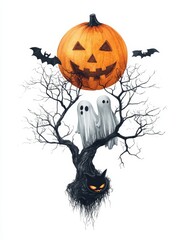 Wall Mural - A watercolor illustration of a spooky Halloween scene featuring a jack-o-lantern moon, two friendly ghosts, and a black cat nestled in a bare tree.  The image symbolizes autumn, Halloween, and the mys