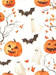 Sticker - A whimsical Halloween pattern featuring watercolor pumpkins, bats, and ghosts on a white background. The pattern is perfect for adding a touch of spooky charm to your home decor, crafts, or digital pr