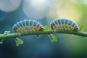 Two blue and yellow caterpillars on a green twig with a blurred background.