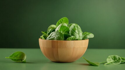 Canvas Print - A wooden bowl filled with fresh, vibrant spinach leaves sits on a green surface, symbolizing health, vitality, and the goodness of nature. The simple composition highlights the beauty of fresh produce