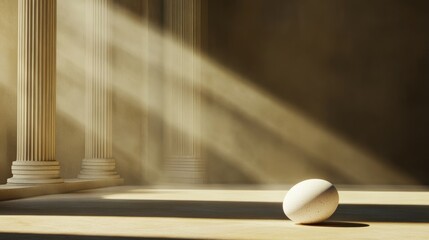 Poster - An egg lies on the floor in a room with three pillars. Sunlight streams through the room, creating a warm, ethereal glow. The egg symbolizes new beginnings, vulnerability, and potential, while the pil