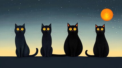 Sticker - Four black cats with glowing eyes sit in a row under a starry night with a full moon, symbolizing Halloween, mystery, companionship, and the magical.