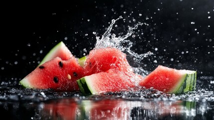 Wall Mural - Slices of fresh watermelon with a burst of water, symbolizing summer, refreshment, and the sweet taste of juicy fruit.