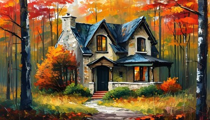 Wall Mural - Charming Autumn Cottage Surrounded by Vibrant Forest Colors in Artistic Brushstroke Painting Style