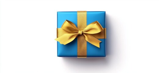 Wall Mural - Glossy Blue Gift Box with Golden Ribbon on White Background for Celebrations and Gifts