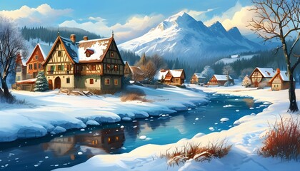 Wall Mural - Charming Winter Landscape of a Small European Village Amidst Mountains and a Frozen River