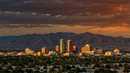 The skyline of Albuquerque lit by the setting sun.