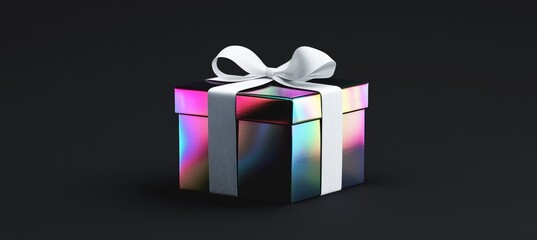 Wall Mural - Holographic Gift Box with White Ribbon on Black Background - Ideal for Celebrations and Special Events