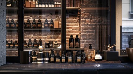 Wall Mural - Modern Barbershop Products Displayed in Stylish Shop Window