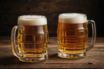 Two Glasses of Cold Beer on a Wooden Table with a Sparkling Wood Background