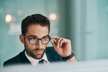 Sticker - Office, thinking and businessman with glasses, planning and ideas for economic trends or professional. Confident, stockbroker and contemplating for political events, market volatility or stock prices