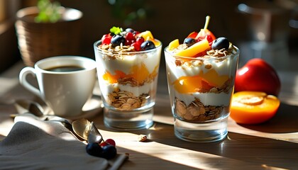 Wall Mural - Refreshing yogurt parfaits with granola and fruit alongside a steaming cup of coffee in a bright sunlit room