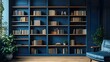 © allinone - Two-tone contemporary bookshelf with a mix of open and closed storage spaces, set against a deep blue accent wall.