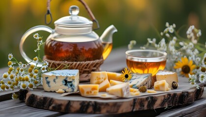 Wall Mural - Charming outdoor tea setting adorned with cheese cubes and wildflowers on a rustic wooden table