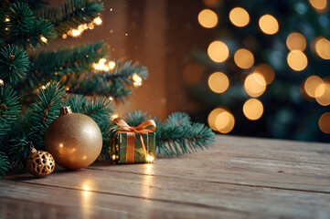 Empty wooden table, gift, ball christmas tree, lights on background, blurred bokeh. Christmas mock up banner to display, advertise product, promotion sale, presentation. New year, winter backgrounds.