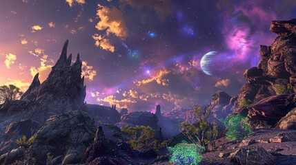 Poster - Alien Planet Landscape with Starry Sky