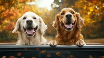 An autumn adventure with two dogs joyfully sitting in the back of a truck, as the forest surrounding them glows with vibrant fall colors.