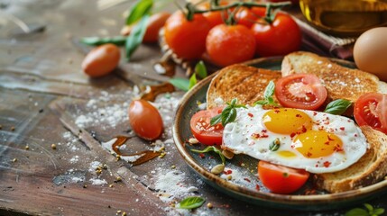 Wall Mural - A plate of eggs, tomatoes, and toast on a table