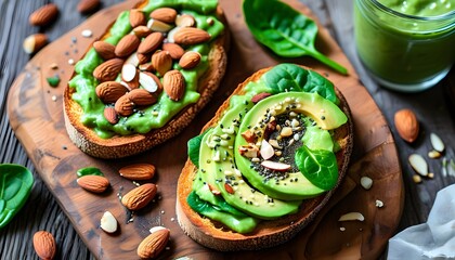 Wall Mural - Nourishing avocado toast topped with nuts, paired with a vibrant green smoothie adorned with almonds and fresh spinach leaves