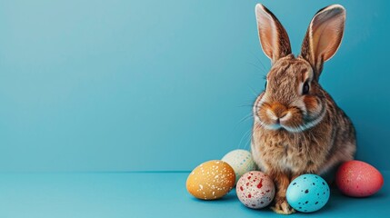 Wall Mural - Easter theme with bunny and eggs on vibrant blue backdrop Text area available