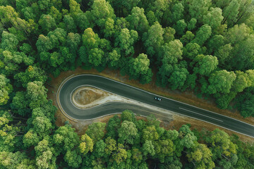 A narrow, winding road snakes through a lush green forest, showcasing vibrant trees under a clear blue sky during midday. Nature's beauty surrounds the route.